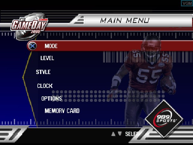 Menu screen of the game NFL GameDay 2005 on Sony Playstation