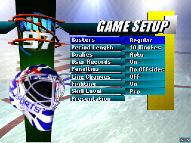 Menu screen of the game NHL 97 on Sony Playstation