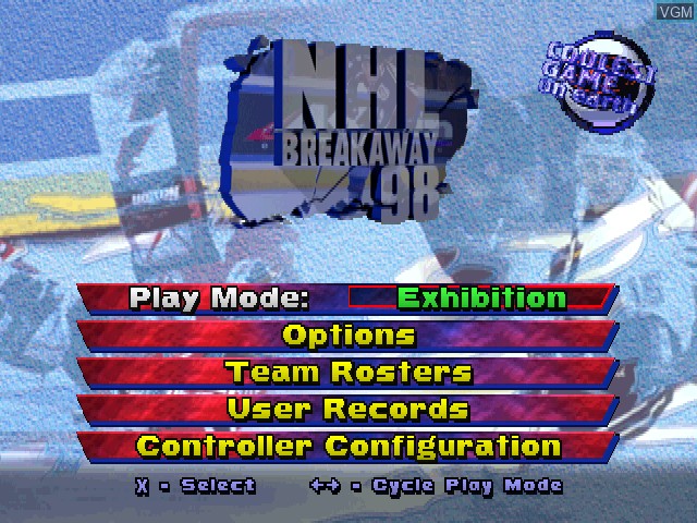 Menu screen of the game NHL Breakaway 98 on Sony Playstation