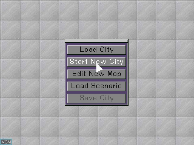 Menu screen of the game SimCity 2000 on Sony Playstation