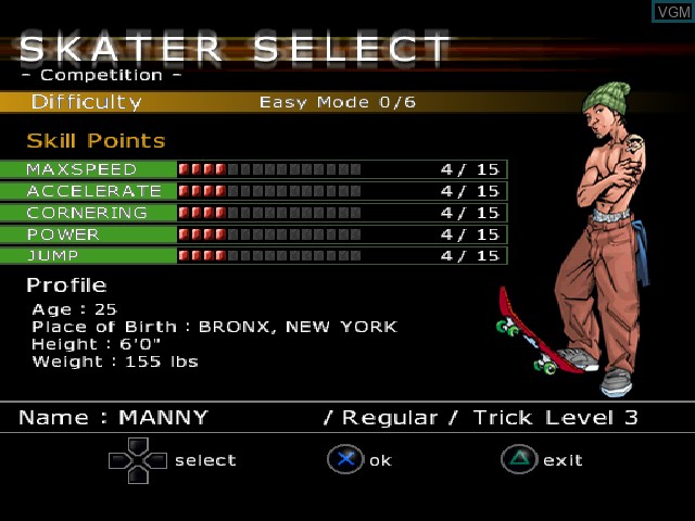 Menu screen of the game Street Sk8er 2 on Sony Playstation