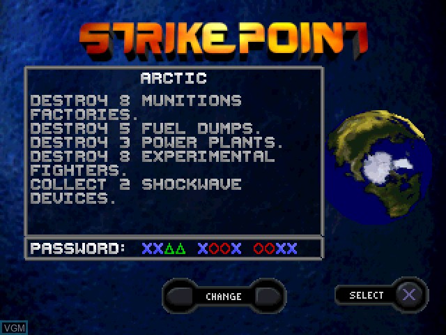 Menu screen of the game Strike Point on Sony Playstation