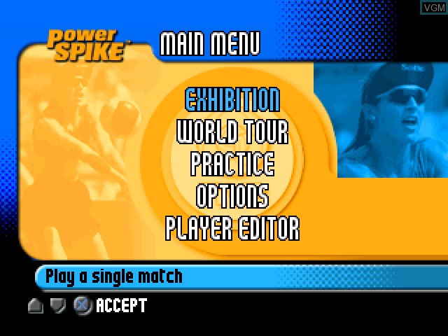 Menu screen of the game Power Spike Pro Beach Volleyball on Sony Playstation