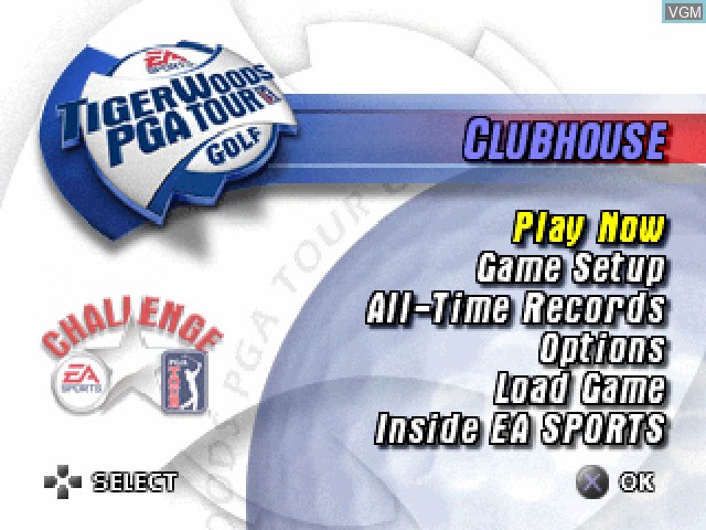 Menu screen of the game Tiger Woods PGA Tour Golf on Sony Playstation
