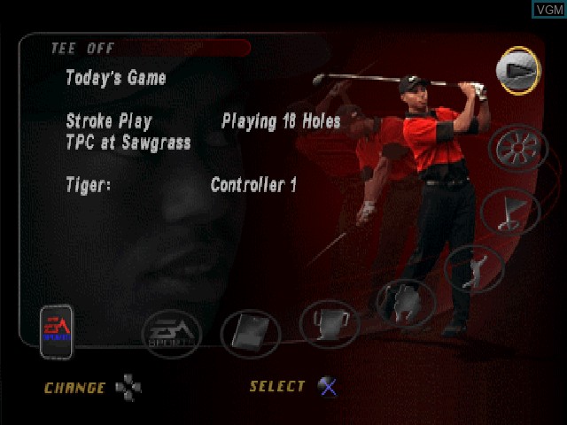 Menu screen of the game Tiger Woods 99 PGA Tour Golf on Sony Playstation