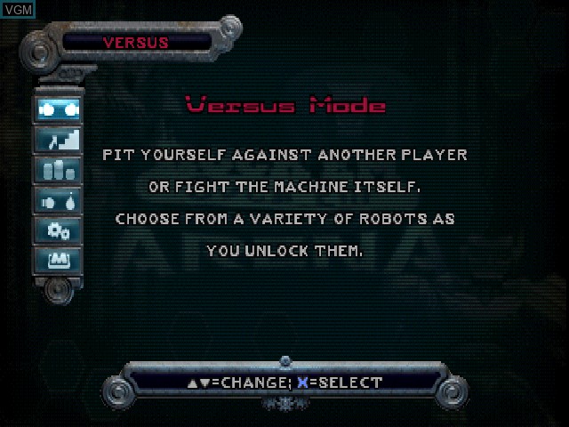 Menu screen of the game Rock 'Em Sock 'Em Robots Arena on Sony Playstation