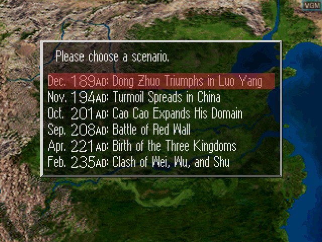 Menu screen of the game Romance of the Three Kingdoms IV - Wall of Fire on Sony Playstation
