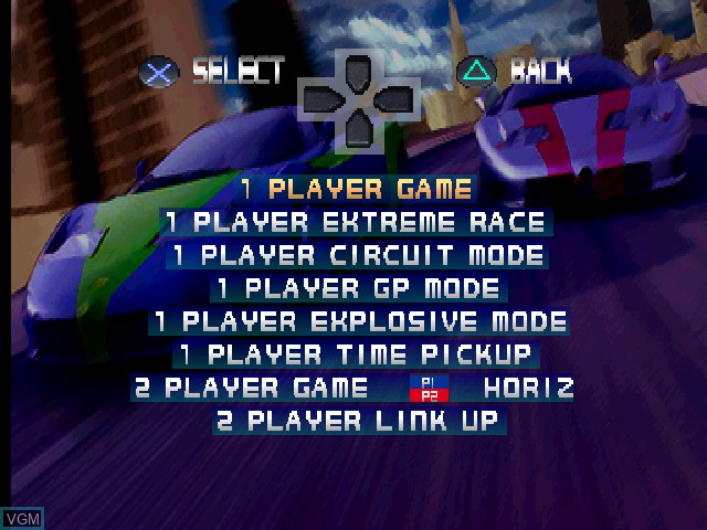 Menu screen of the game San Francisco Rush - Extreme Racing on Sony Playstation