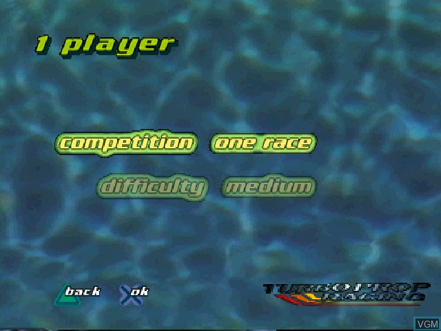 Menu screen of the game Turbo Prop Racing on Sony Playstation
