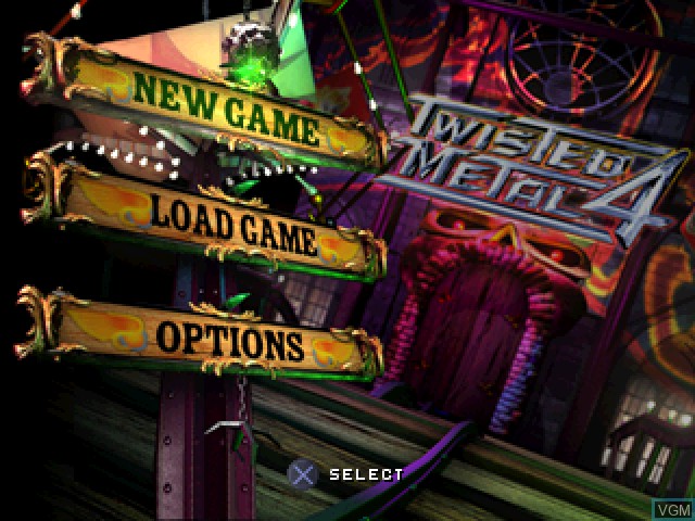 Menu screen of the game Twisted Metal 4 on Sony Playstation