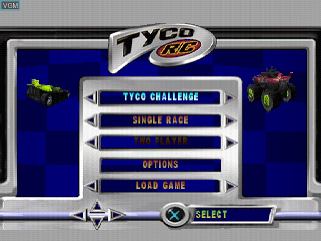 Menu screen of the game Tyco R/C - Assault with a Battery on Sony Playstation