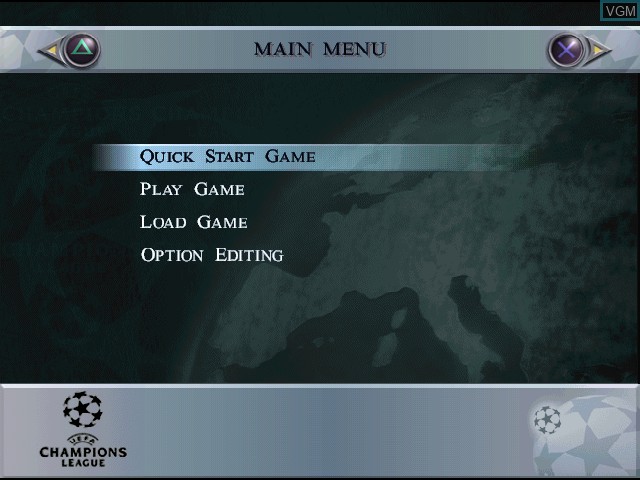 Menu screen of the game UEFA Champions League Season 1998/99 on Sony Playstation