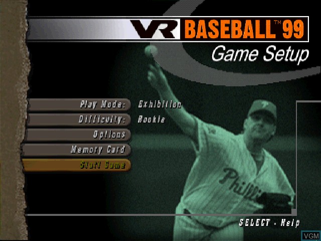 Menu screen of the game VR Baseball '99 on Sony Playstation