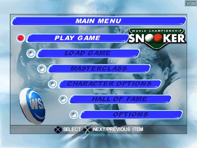 Menu screen of the game World Championship Snooker on Sony Playstation