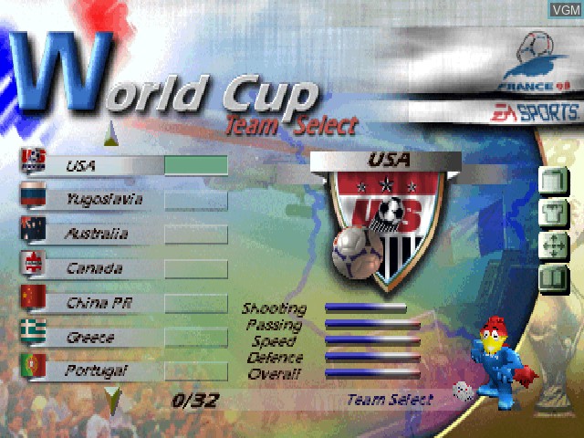 Menu screen of the game World Cup 98 on Sony Playstation