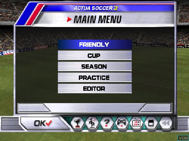 Menu screen of the game Actua Soccer 3 on Sony Playstation