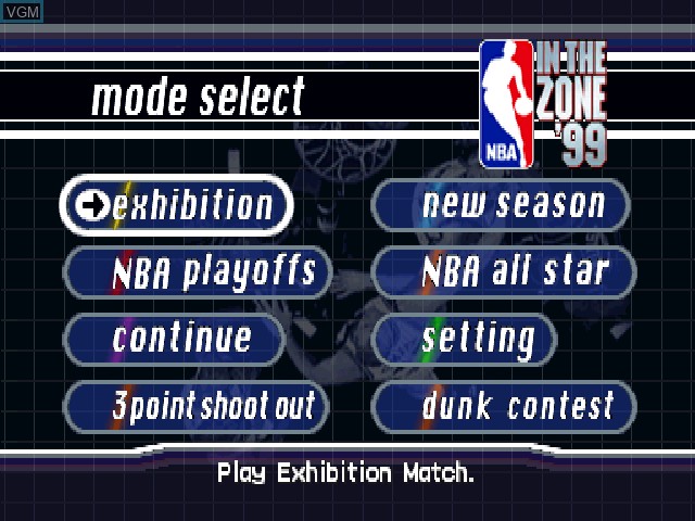 Menu screen of the game NBA In The Zone '99 on Sony Playstation