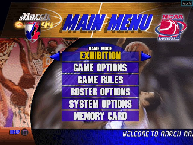 Menu screen of the game NCAA March Madness 99 on Sony Playstation