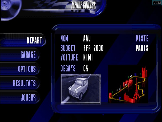 Menu screen of the game Paris-Marseille Racing on Sony Playstation