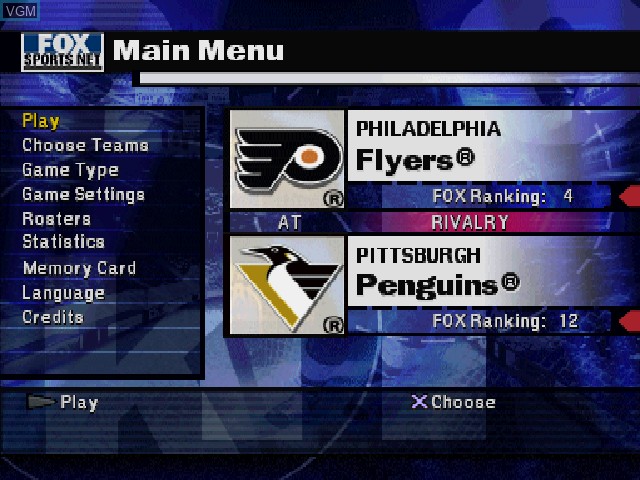 Menu screen of the game NHL Championship 2000 on Sony Playstation