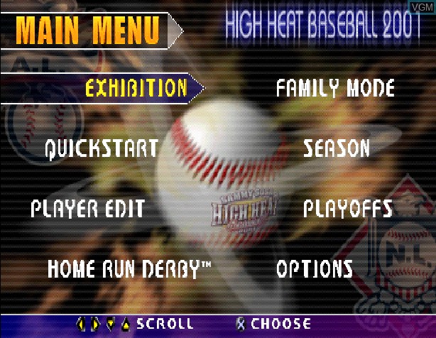 Menu screen of the game Sammy Sosa High Heat Baseball 2001 on Sony Playstation