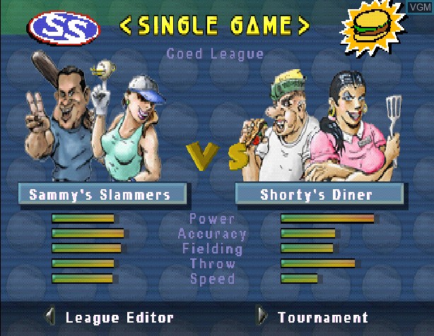 Menu screen of the game Sammy Sosa Softball Slam on Sony Playstation