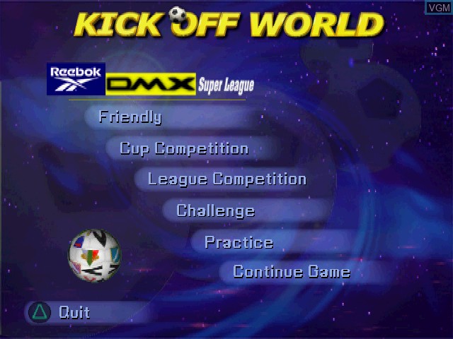 Menu screen of the game Kick Off World on Sony Playstation