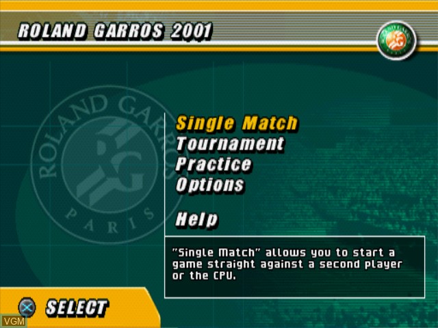 Menu screen of the game Roland Garros French Open 2001 on Sony Playstation