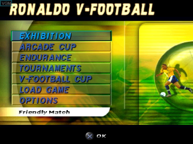 Menu screen of the game Ronaldo V-Football on Sony Playstation