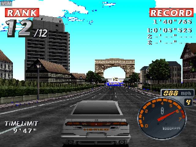 In-game screen of the game Rage Racer on Sony Playstation