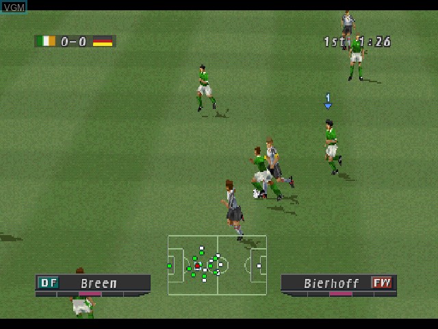 In-game screen of the game ISS Pro Evolution 2 on Sony Playstation