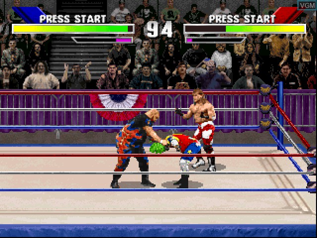 In-game screen of the game WWF WrestleMania - The Arcade Game on Sony Playstation