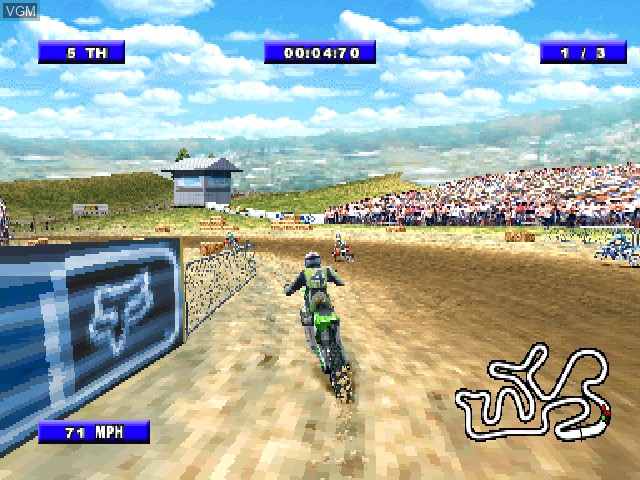 In-game screen of the game Championship Motocross 2001 featuring Ricky Carmichael on Sony Playstation
