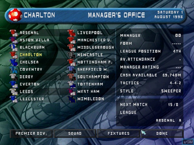 In-game screen of the game Player Manager Ninety Nine on Sony Playstation