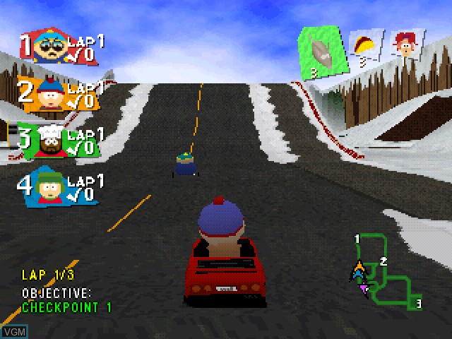 In-game screen of the game South Park Rally on Sony Playstation
