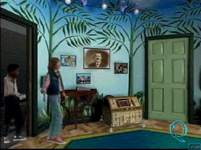 In-game screen of the game Quaddle Family Mysteries, The 3 - The Case of the Scarce Scarab - Parlor - Family Room on Sony Playstation