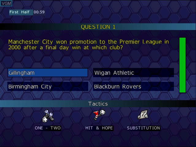In-game screen of the game Championship Manager Quiz on Sony Playstation