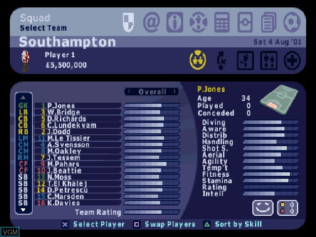 In-game screen of the game LMA Manager 2002 on Sony Playstation