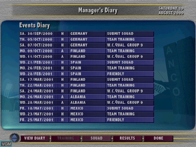 In-game screen of the game Sven-Goran Eriksson's World Cup Manager on Sony Playstation