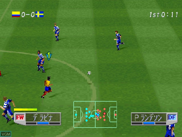 In-game screen of the game World Soccer Jikkyou Winning Eleven 3 - World Cup France '98 on Sony Playstation