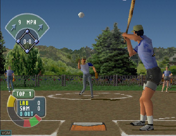 In-game screen of the game Sammy Sosa Softball Slam on Sony Playstation
