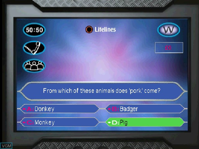 In-game screen of the game Who Wants to Be a Millionaire? Junior on Sony Playstation
