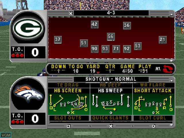 In-game screen of the game Madden NFL 99 on Sony Playstation