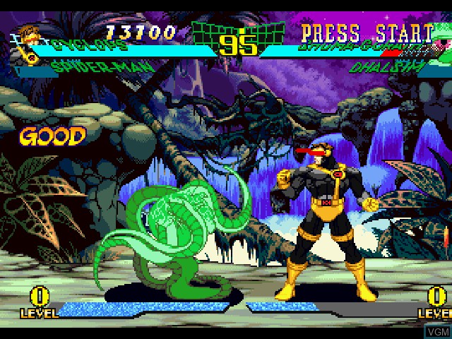 In-game screen of the game Marvel Super Heroes vs. Street Fighter on Sony Playstation