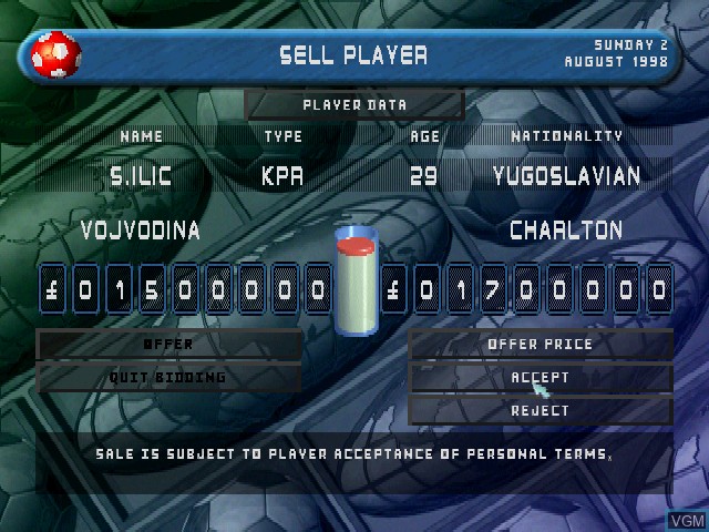 In-game screen of the game Player Manager Ninety Nine on Sony Playstation