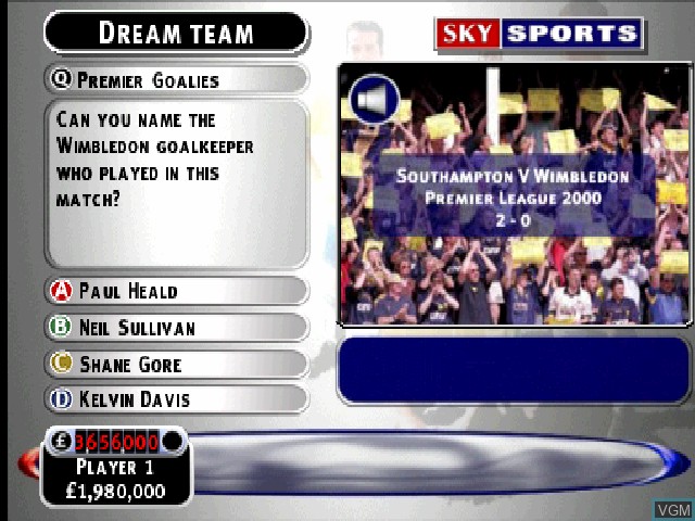 In-game screen of the game Sky Sports Football Quiz on Sony Playstation