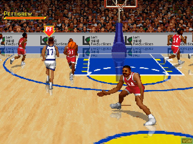 In-game screen of the game Slam 'n Jam '96 featuring Magic & Kareem on Sony Playstation