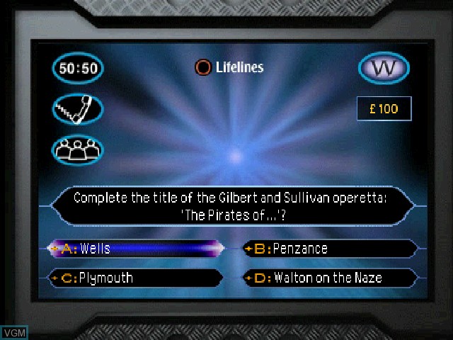 In-game screen of the game Who Wants to Be a Millionaire? on Sony Playstation