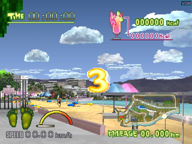 In-game screen of the game Happy Jogging in Hawaii on Sony Playstation