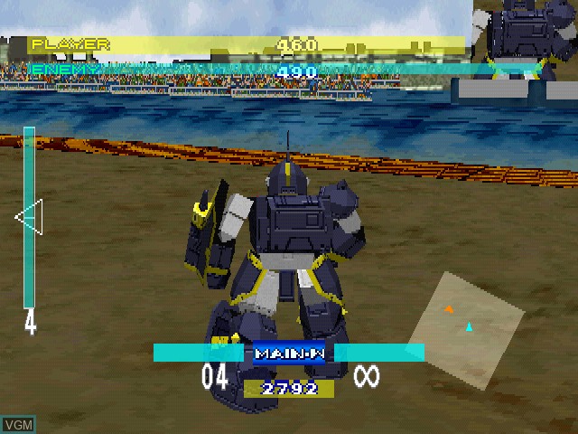 In-game screen of the game Soukou Kihei Votoms Gaiden - Ao no Kishi Berserga Monogatari on Sony Playstation
